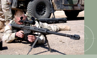 United States Army Soldier firing M107 sniper rifle during training excercises for Operation Iraqi Freedom. M-107 sniper rifles can be stored in Combat Crew-Served Weapons Storage Racks with the bi-pod attached to the weapon.