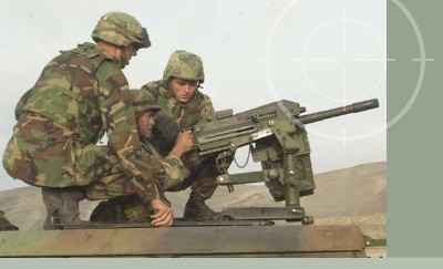 United States Army Soldiers firing a crew-served Mark 19 (MK-19) machine gun during training excercises for Operation Iraqi Freedom. MK19s can be stored in Combat Weapons Storage Racks.