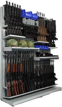 Combat Weapon Shelving Systems can be installed on mobile carriages for a compact weapon storage solution