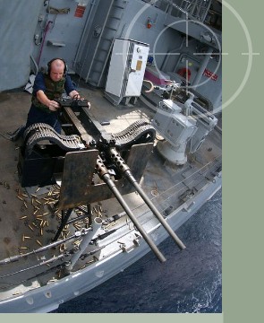 United States Sailor firing M2 .50 Cal machine gun during training excercises for Operation Iraqi Freedom. M-2 .50 cals can be stored in Combat M2 Weapons Storage Racks with barrel storage included for the weapon.