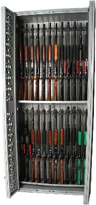 Shotgun Weapon Rack storing 24 shotguns including lethal and less lethal shotguns